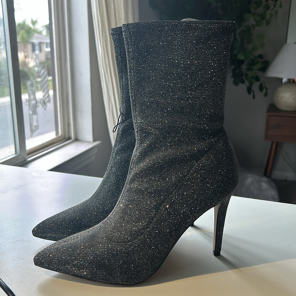 NWT Express Black Sparkle High Heel Sock Boots - Picture 4 of 7